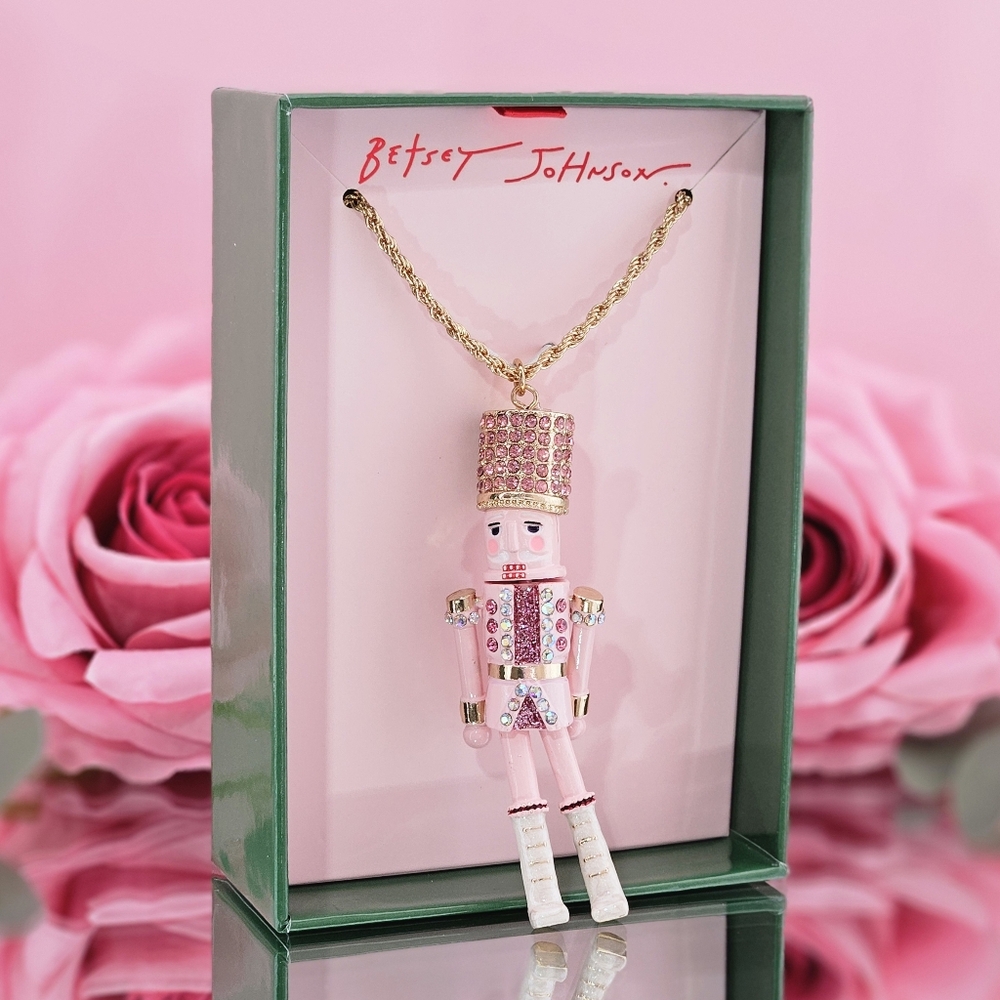 Betsey Johnson Pink Gold Tone Nutcracker Necklace Christmas Holiday Party Gift - Picture 3 of 5